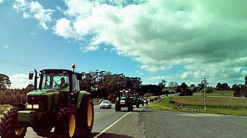 Tractors travel in a convoy in northern Tasmania as part of a protest against milk prices.
