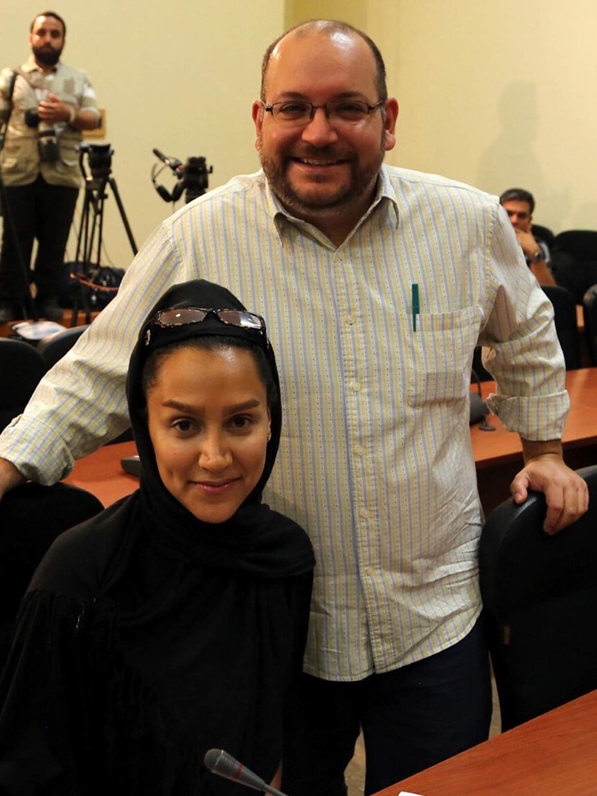 Washington Post correspondent Jason Rezaian and his Iranian wife Yeganeh Salehi at a press conference in Tehran