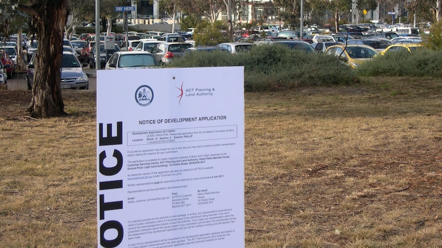 Development application sign at Woden on car parking site on Melrose Drive. August 2011. Located next to Tradies Club on Launceston Avenue.