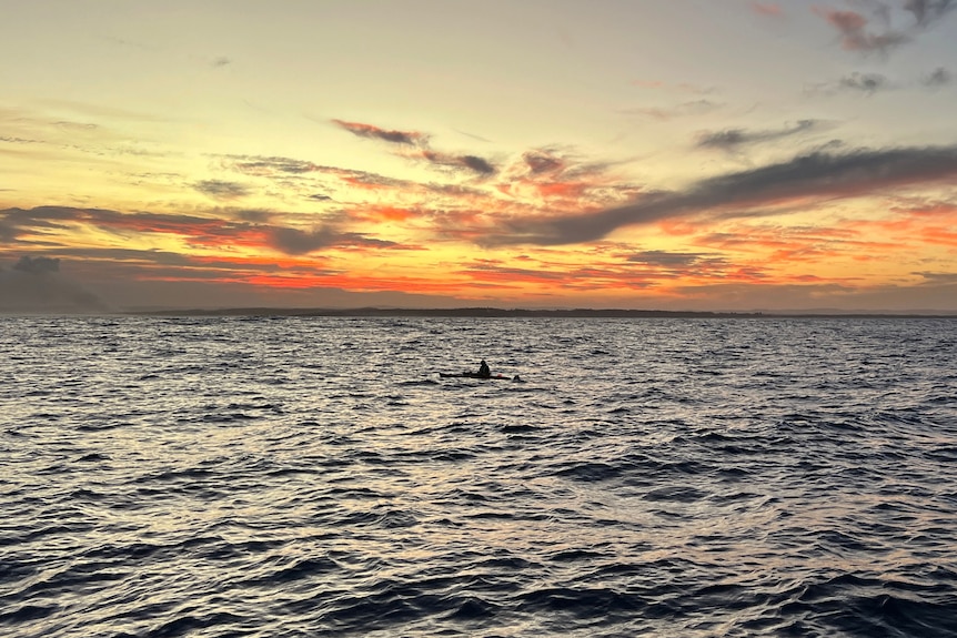 A kayaker in open water in front of a sunset 
