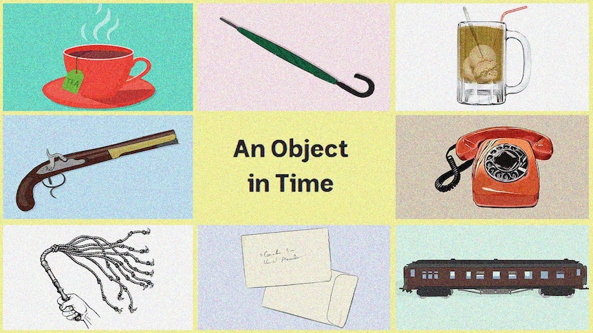 Illustration of everyday things, umbrella, tea cup, milkshake, pistol, train, whip and letter