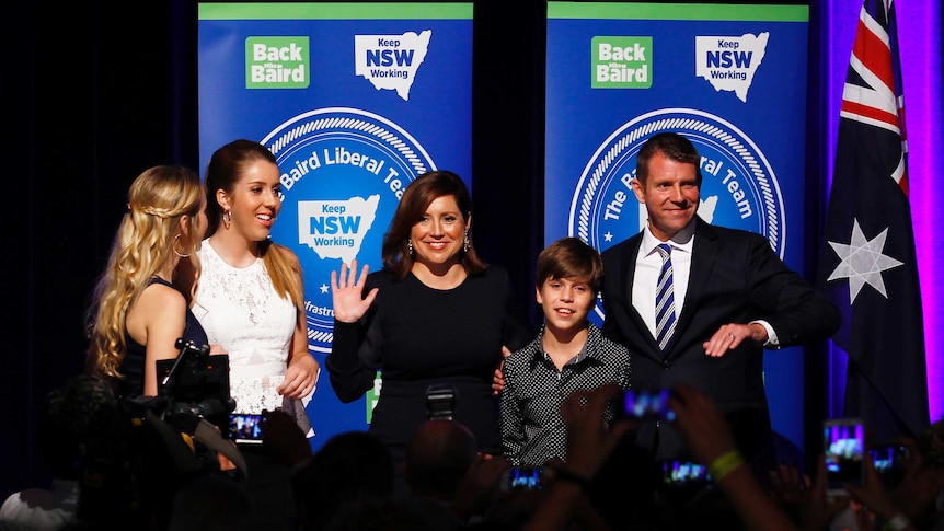 NSW Premier Mike Baird with his family on election night