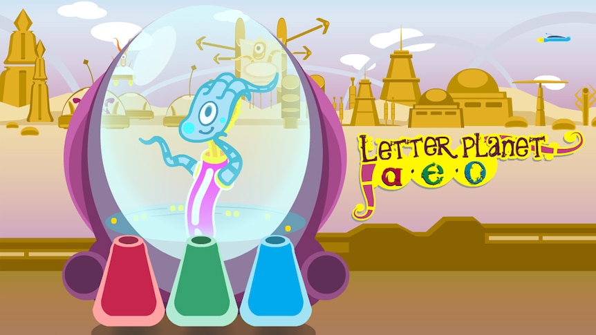 Cartoon alien in bubble spaceship, text reads "Letter Planet: a, e, o"
