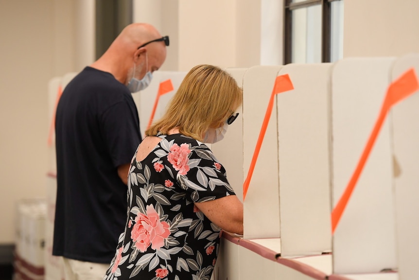 Two people wear face masks cast their votes at polling booths.