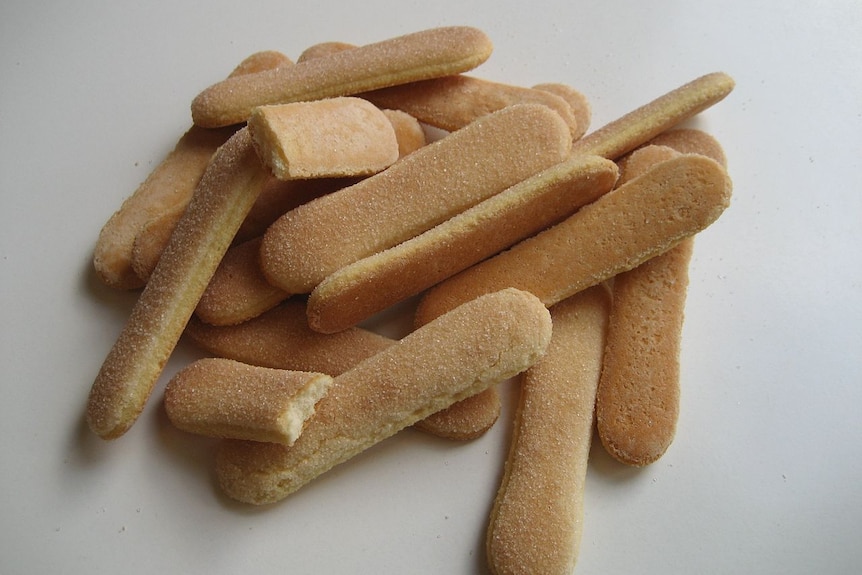sponge finger (savoiardi) biscuits piled on a white surface
