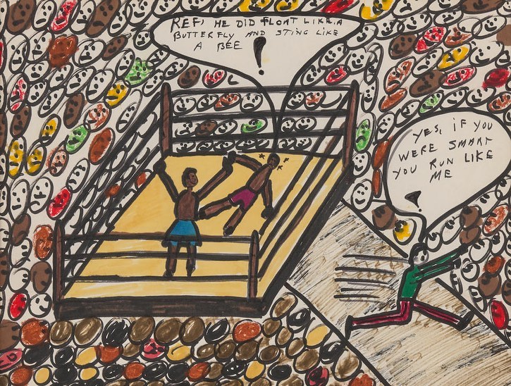 A coloured drawing of a boxing ring, with a defeated boxer saying "Ref, he did float like a butterfly and sting like a bee!"