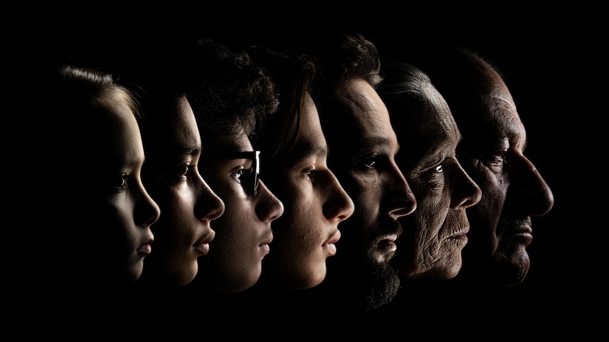 A row of seven different people in profile on a black background, increasing in age from left to right from child to elderly man