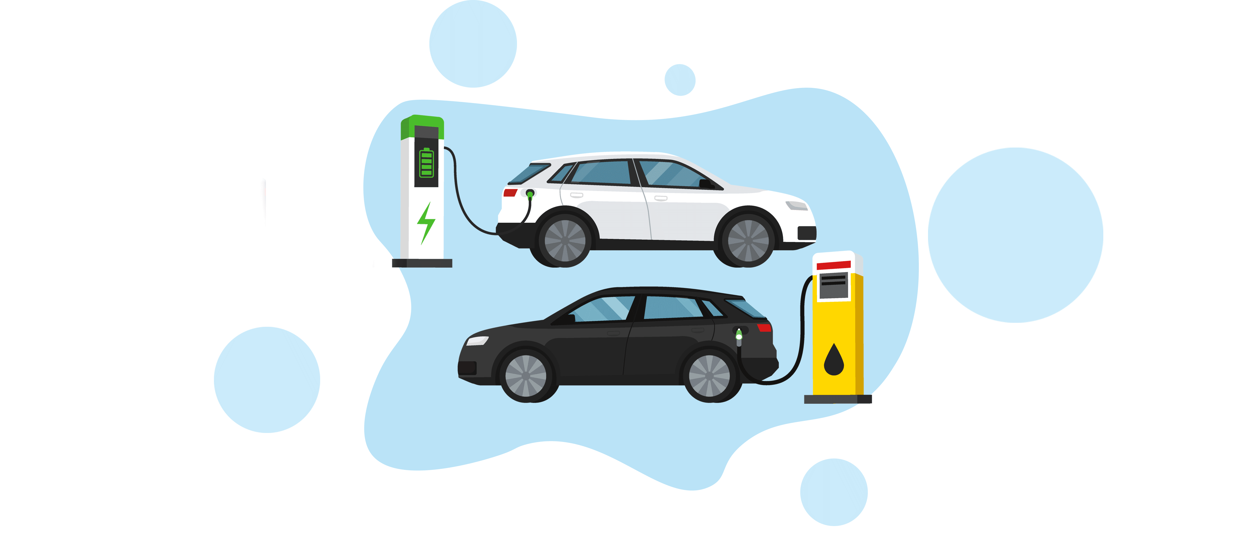 An illustration of an electric car being charged and a fuel car getting petrol at the bowser.