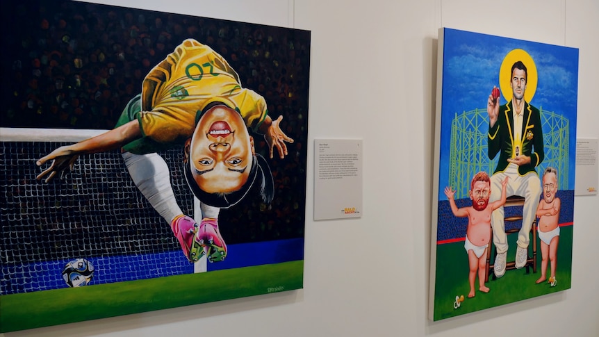 A portrair of Sam Kerr doing a backflip after scoring a goal, and Pat Cummins winning the Ashes on the left.