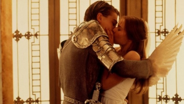 A still from 1996 Baz Luhrmann film Romeo + Juliet of main protagonists kissing