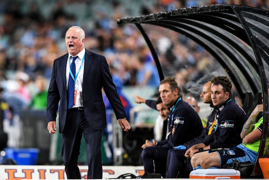 Sydney FC coach Graham Arnold reacts in match against Newcastle Jets