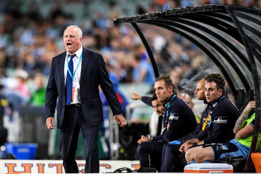 Sydney FC head coach Graham Arnold reacts during A-League match against Newcastle Jets.