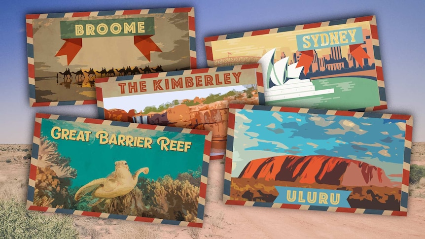 Illustration of postcards from Broome, Sydney, The Kimberley, The Great Barrier Reef and Uluru.