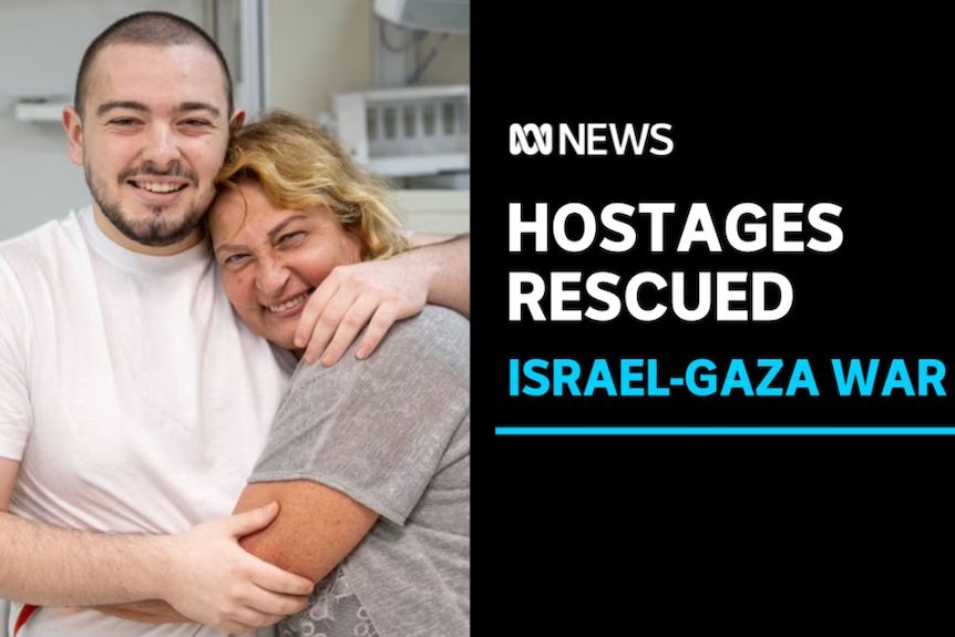 Hostages Rescued, Israel-Gaza War: A young man and a woman look at the camera embracing.