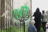 People standing near a fence looking at a wall with green paint behind a bare tree