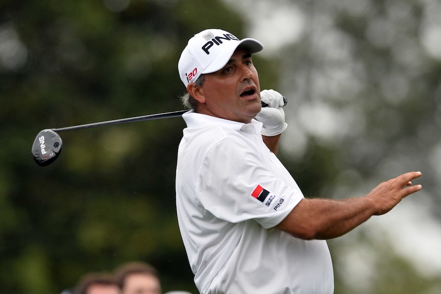 Angel Cabrera watches a shot.