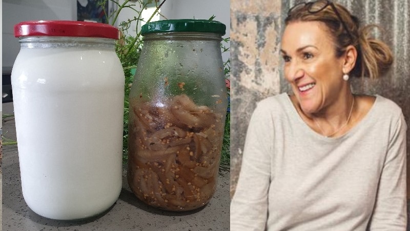 woman with blonde hair in a ponytail next to two jars, one with white liquid the other with brown sugar