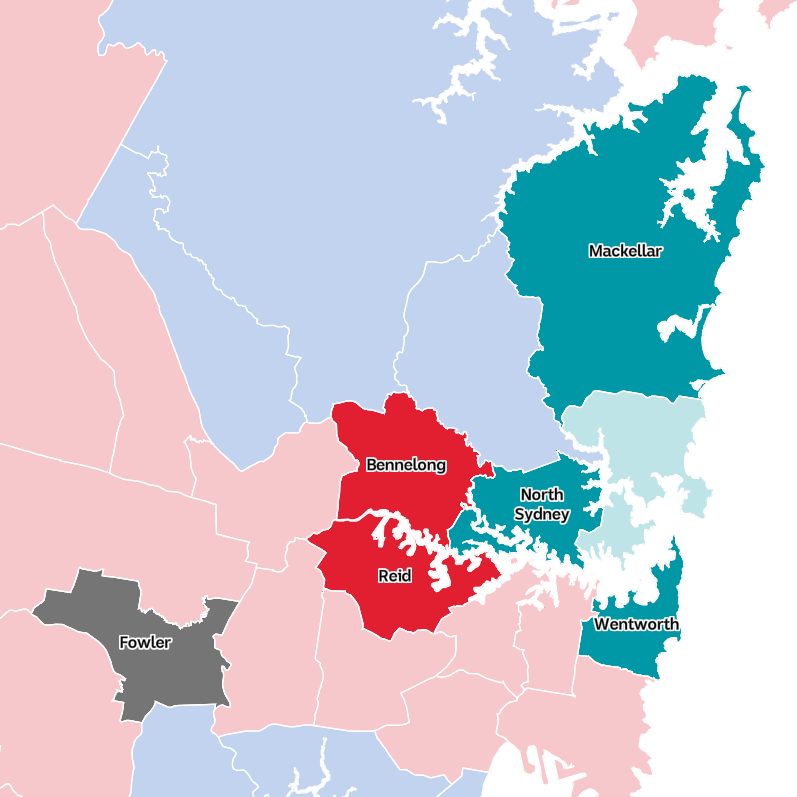 An electoral map of Sydney with the seats of Bennelong, North Sydney, Reid, Mackellar and Wentworth highlighted..