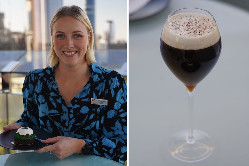 Julia Wardle holds a dessert with a soccer ball on it, next to her is an Irish FIFA cocktail