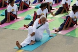 India's prime minister Narendra Modi participates in a yoga session