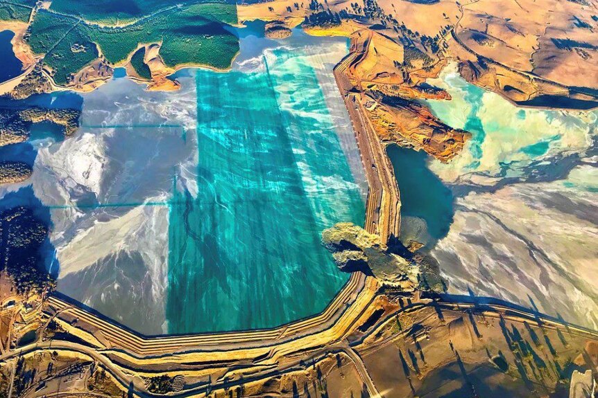 A tailings dam at a mine, as seen from above.