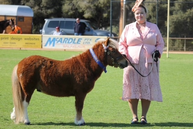 Candice Pridham wearing a dressy pink outfit, smiling as she leads a pony across a field with some specators in the background.