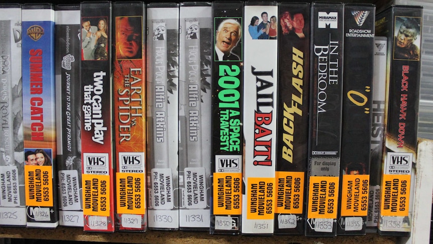 Close up photograph of VHS cases.