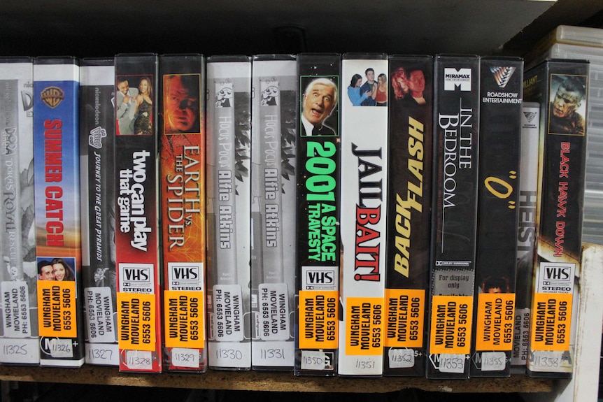 Close up photograph of VHS cases.