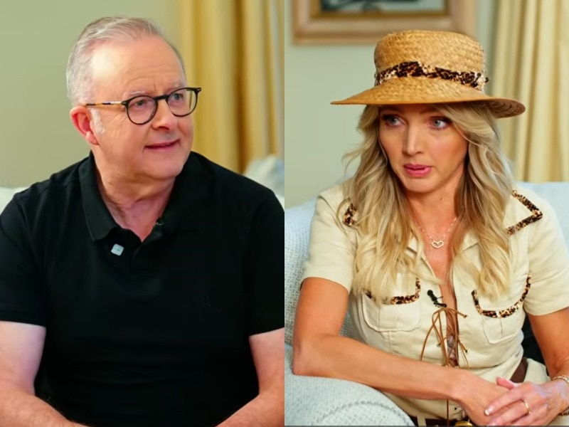 A man and a woman in a composite image sit opposite to each other on a couch talking.