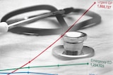 A photo of a stethoscope with an illustration of a rising line chart superimposed over it.