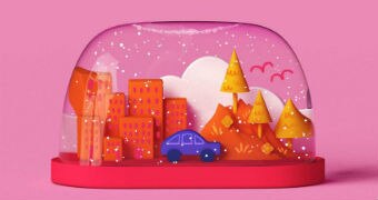 Illustration shows car moving from the city to the country inside a snow globe