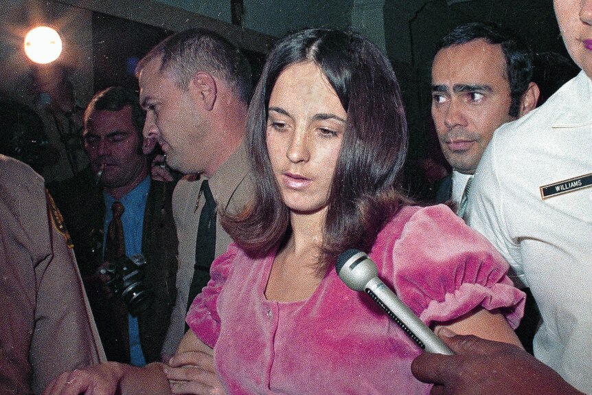 A young woman with brown hair wearing a fluffy pink dress is escorted firmly past reporters.
