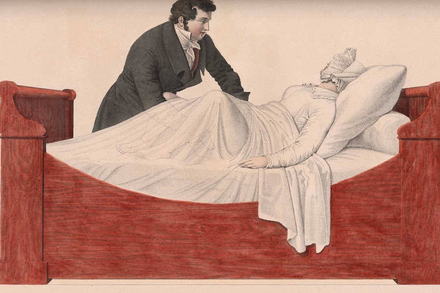 Archival drawing of doctor administering to a pregnant woman