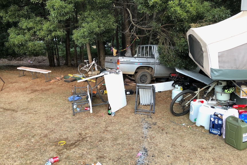 A car crashed on the campsite.