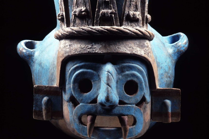 Blue vessel depicting Tláloc (god of rain) 1440–69, fired clay, pigment.