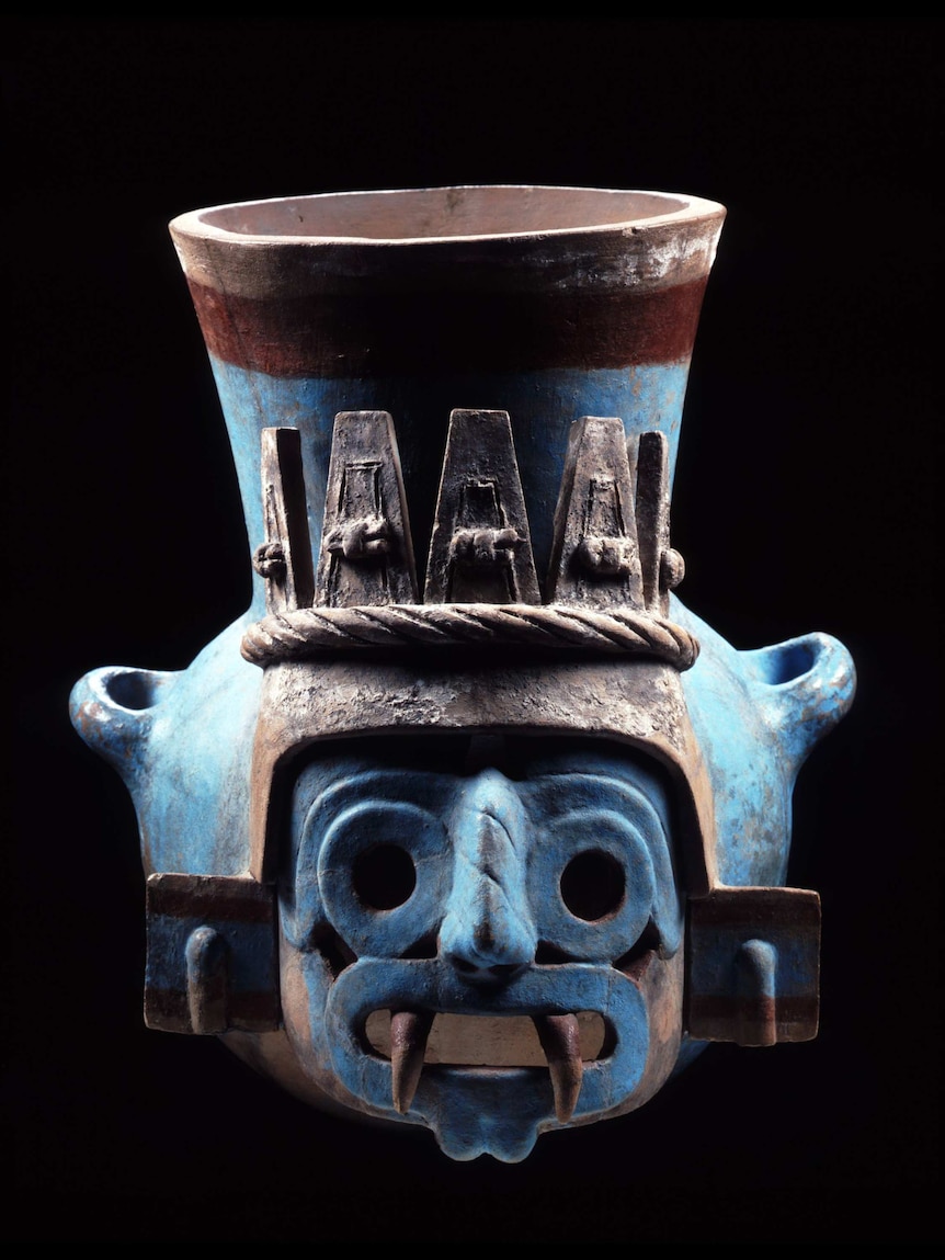 Blue vessel depicting Tláloc (god of rain) 1440–69, fired clay, pigment.