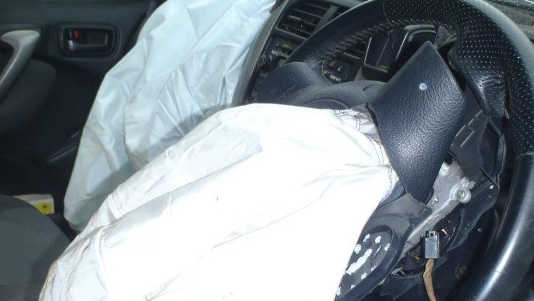 The deployed Takata airbag which injured a young Darwin driver.
