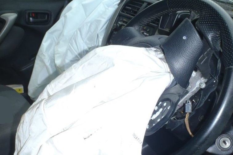 The deployed Takata airbag which injured a young Darwin driver.