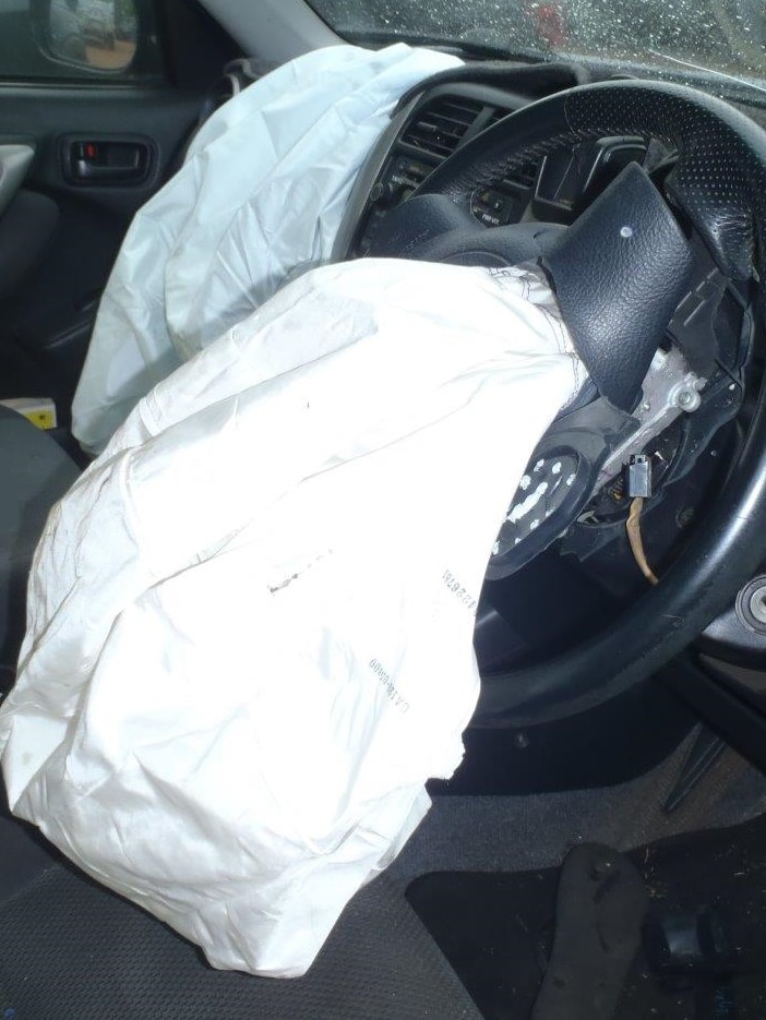 The deployed Takata airbag which injured a young Darwin driver.