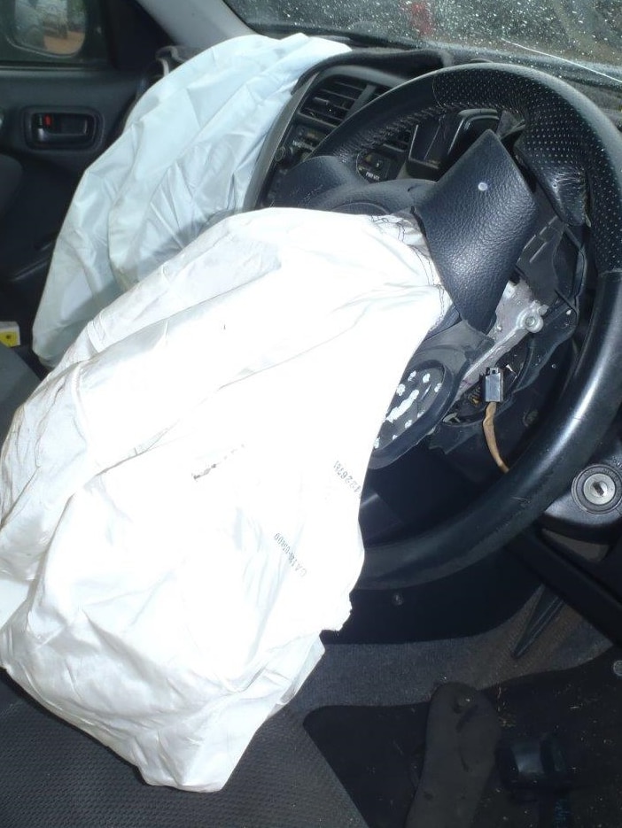 The deployed Takata airbag which injured a young Darwin driver.