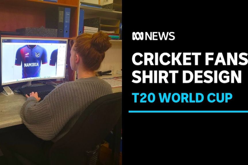 Cricket fans shirt design. t2o World Cup. Woman sitting at computer designing a shirt. 