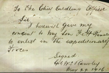A letter written in May 1916  by William Ransley giving permission for his son Francis to enlist