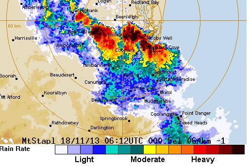 The weather bureau's rain radar shows the hail storm hitting Coomera just after 4:00pm (AEST).