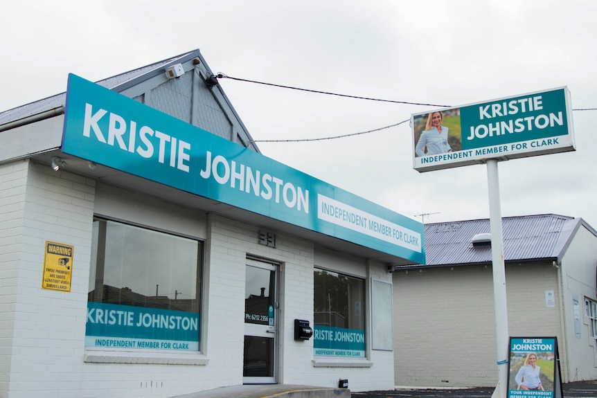 An office in a converted house with signage that reads "Kristie Johnston independent Member for Clark