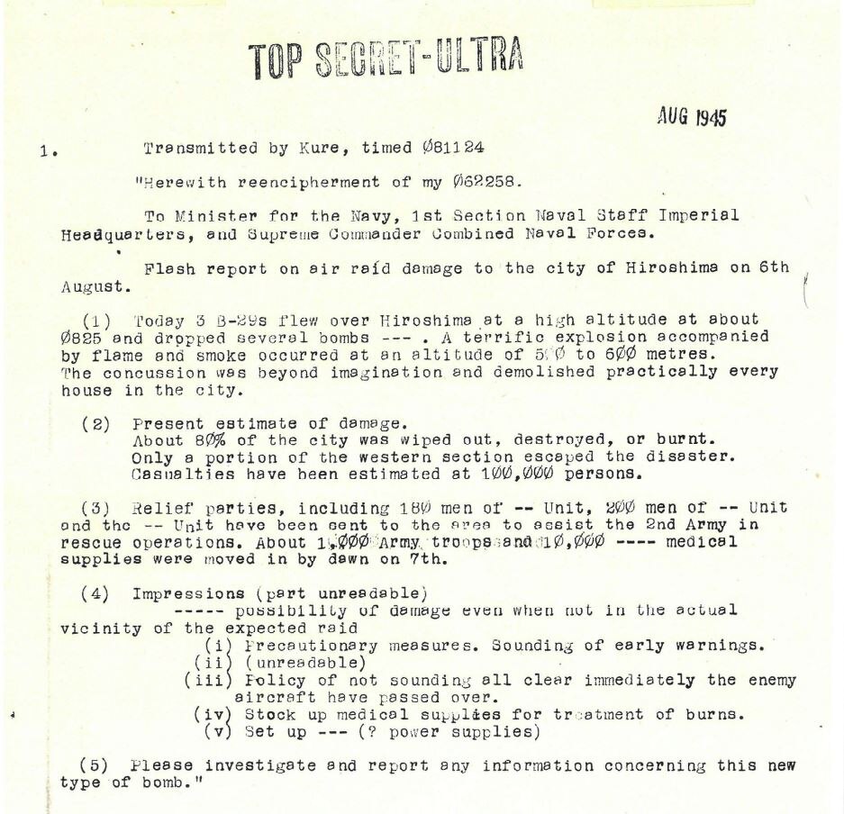 A document marked "top secret" that recounts the bombing of hiroshima