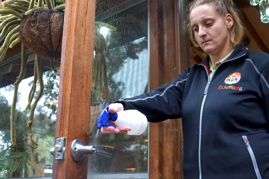 A woman sprays a doorknob with a liquid.