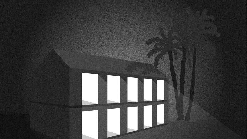 Black and white illustration of house with ten open doors and light shining out.