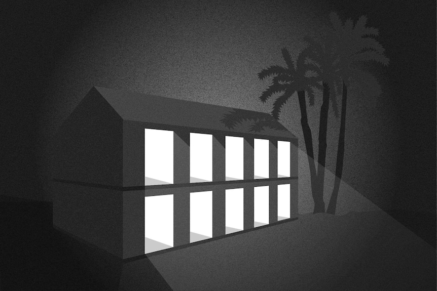 Black and white illustration of house with ten open doors and light shining out.