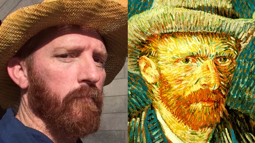 Van Gogh lookalike next to self portrait by Van Gogh