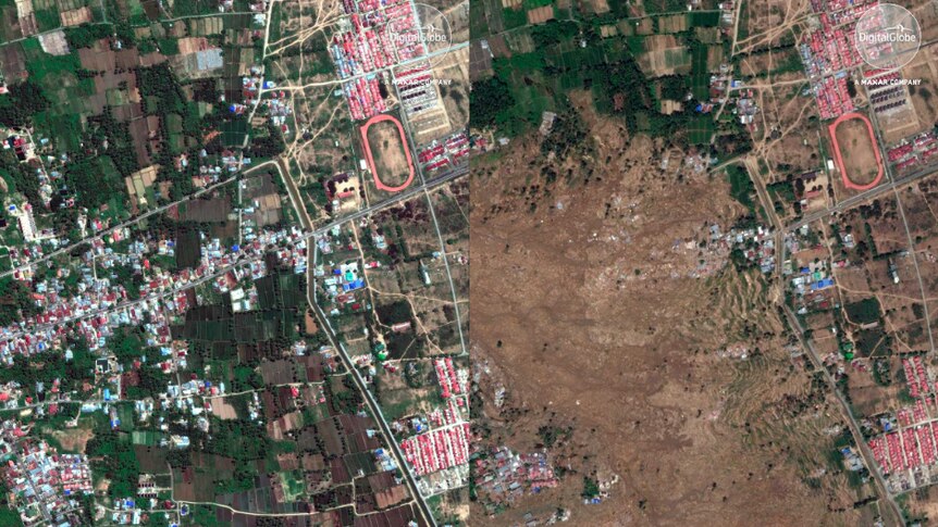 Composite image showing on an aerial view of a neighbourhood packed with buildings, same neighbourhood on the right, destroyed